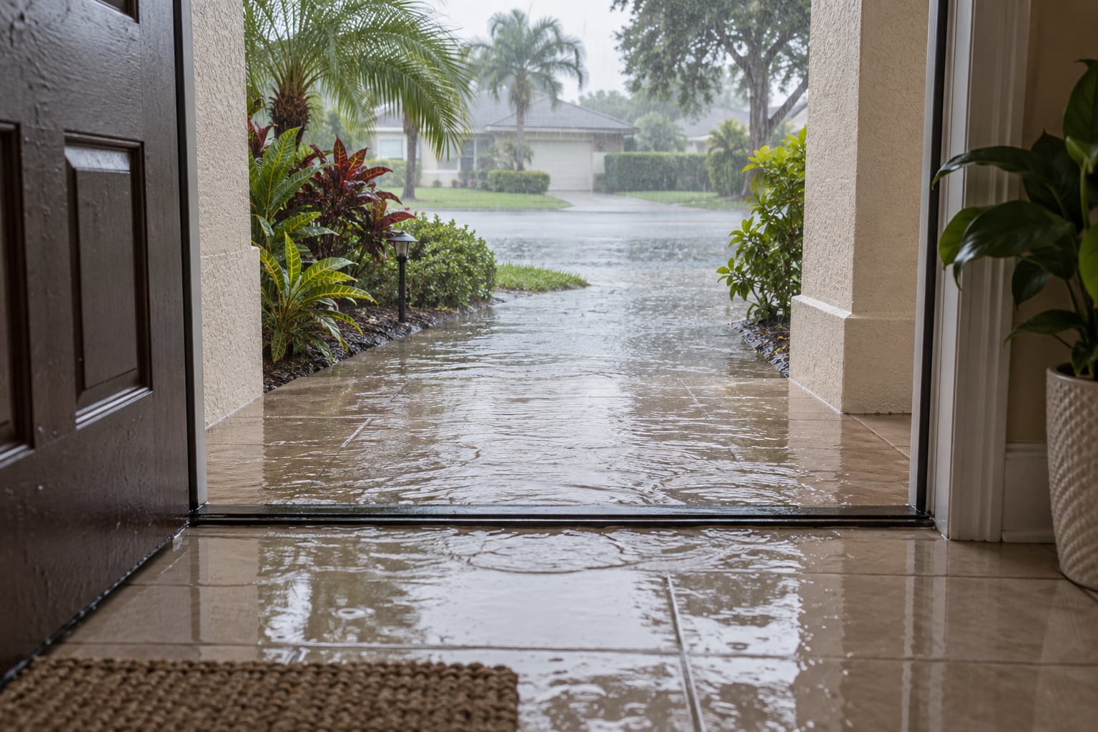 Representative stormwater approaching a stucco home's exterior threshold during heavy rain